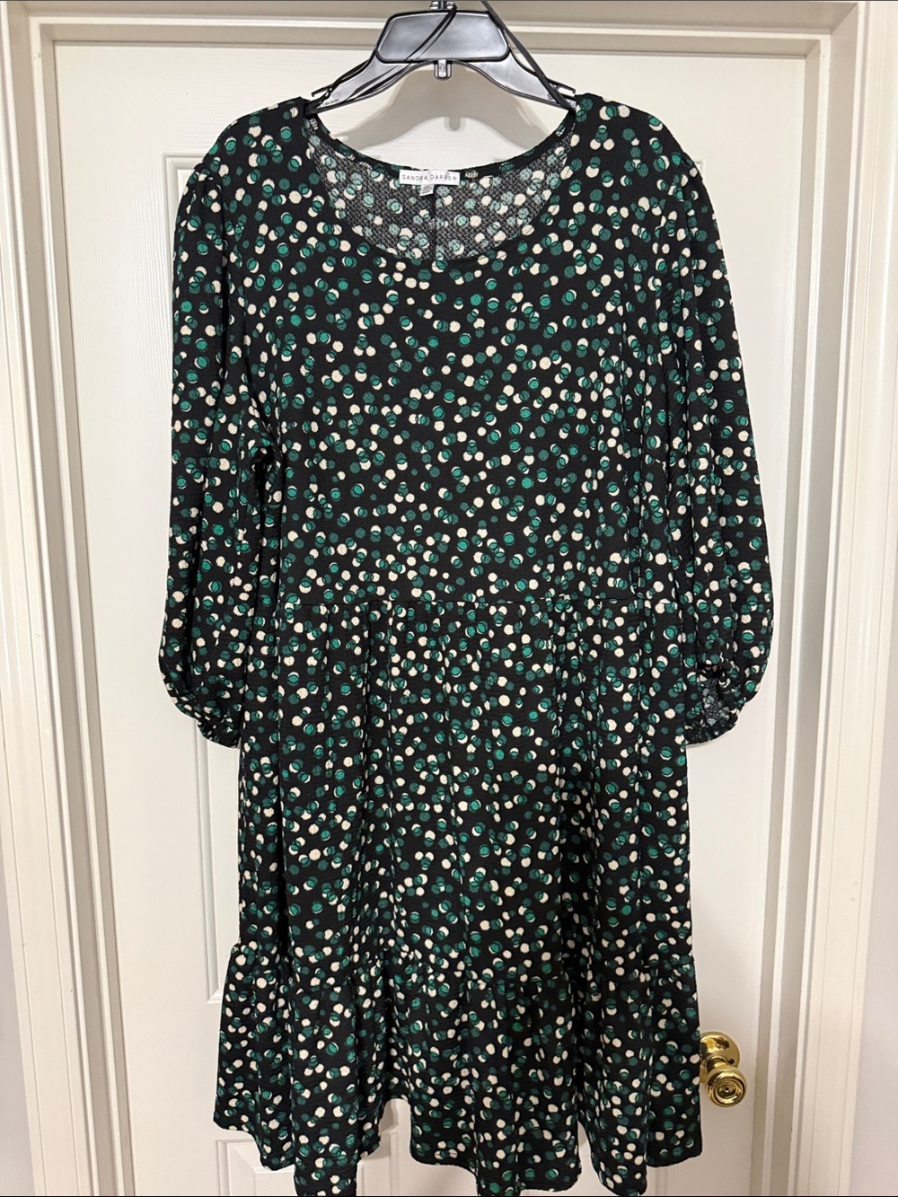 Sandra Darren Black Dress with Green and Cream Dot Print